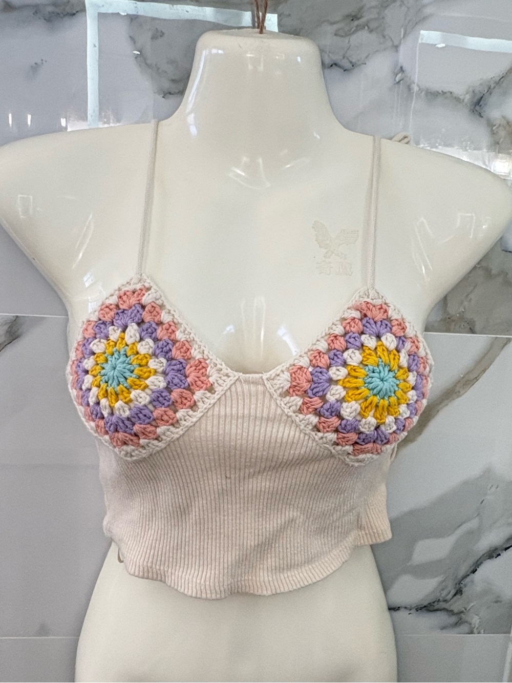 Zara Cream Ribbed Crop Top with Pastel Multicolor Crochet Cups